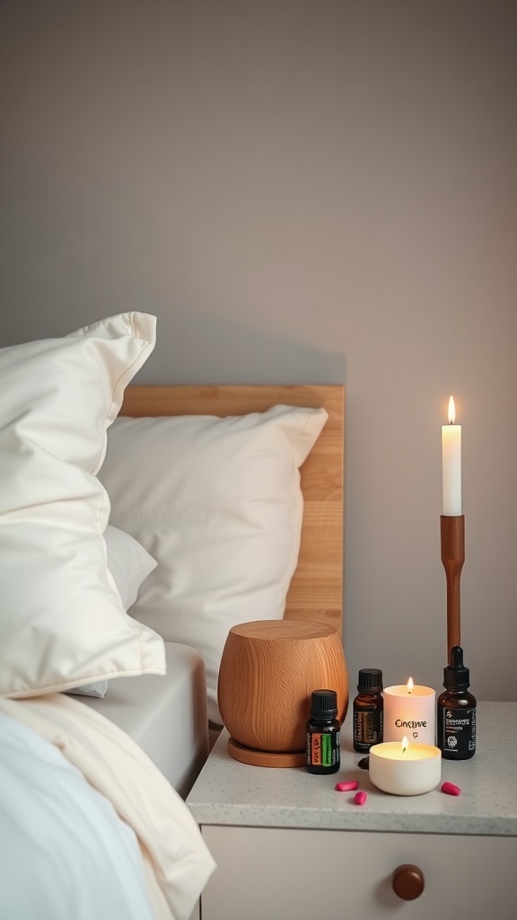 A cozy bedside setup featuring a wooden aromatherapy diffuser, essential oils, and flickering candles.