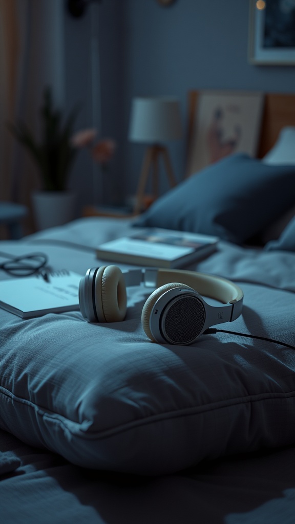 A pair of headphones resting on a plush pillow in a softly lit bedroom