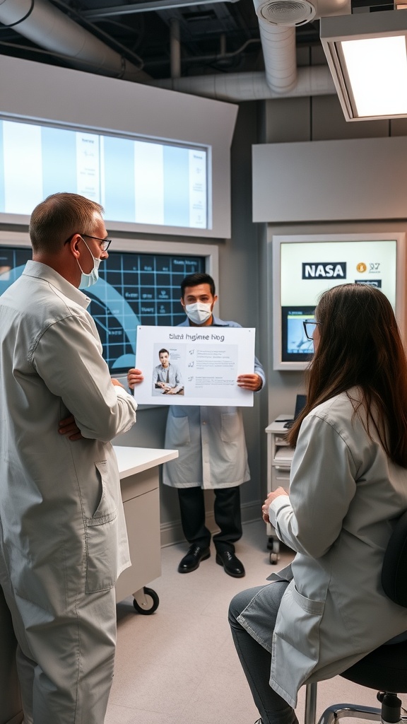 A group of professionals discussing sleep hygiene protocols in a NASA setting.