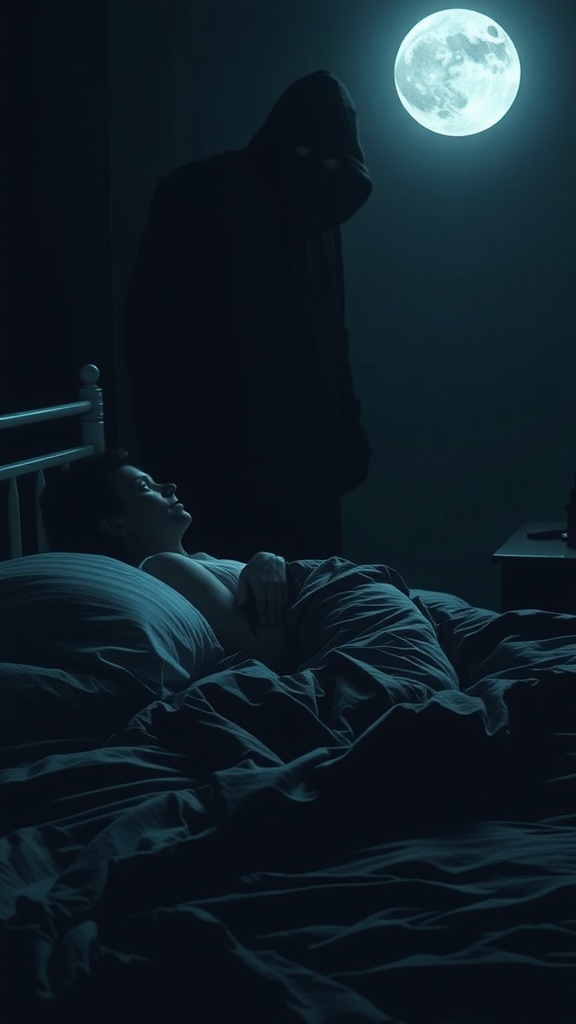 A person experiencing sleep paralysis with a shadowy figure in the background, illuminated by moonlight.