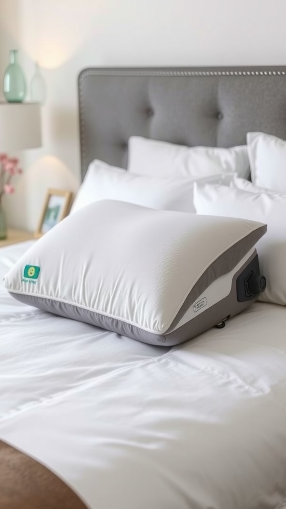 A smart pillow with adjustable support on a neatly made bed.