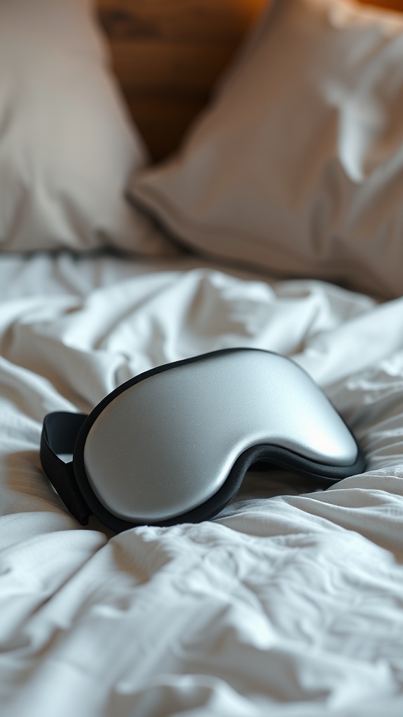 A sleek sleep mask resting on a bed with soft pillows.