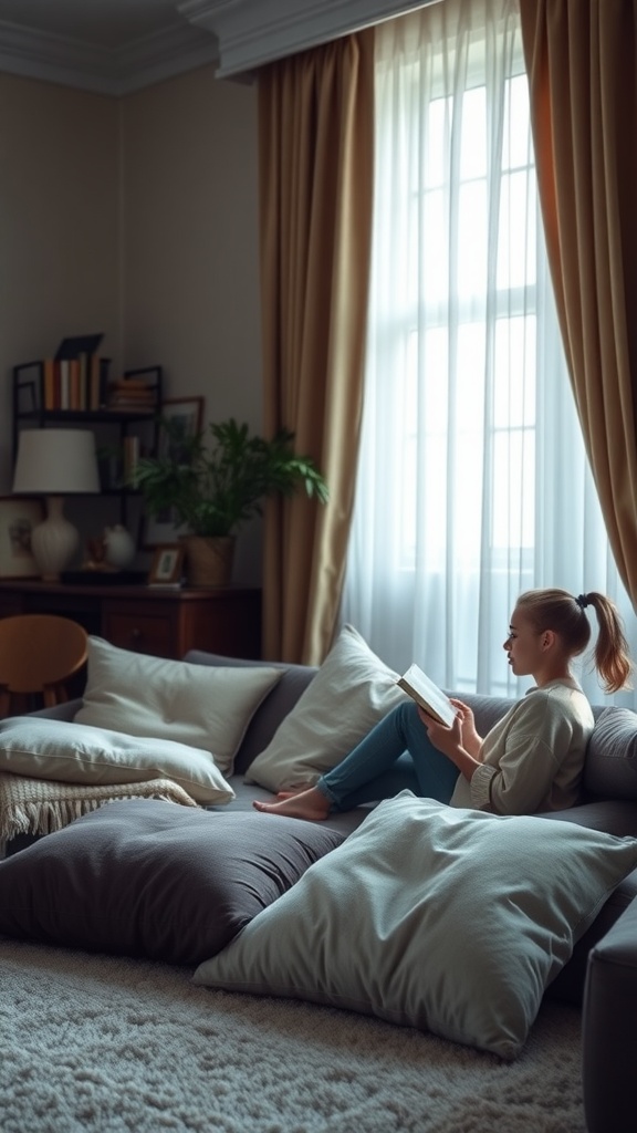 A cozy living room setting with a person sitting on a large couch, surrounded by soft pillows, reading a book near a sunny window.