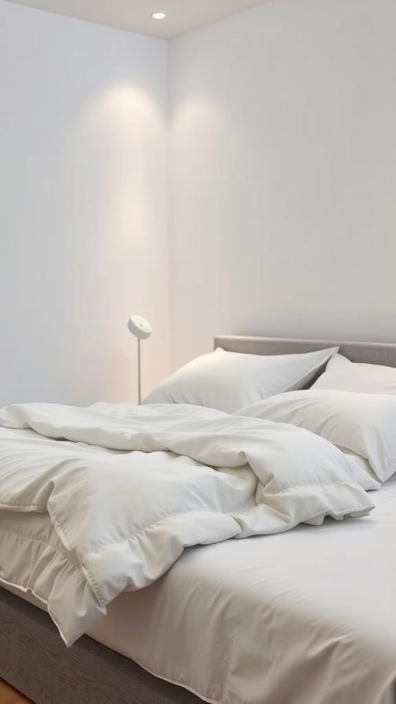 A neatly made bed with white bedding and a soft pillow, set in a calming bedroom environment.