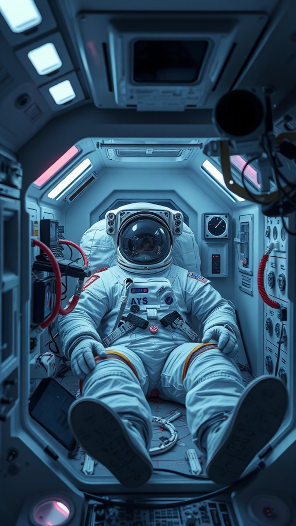 An astronaut inside a space habitat, showcasing advanced temperature control systems.