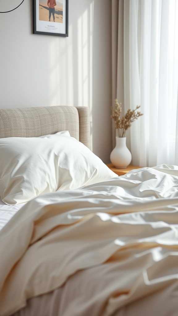 A cozy bedroom with silk pillowcases and soft bedding, showcasing a serene atmosphere.