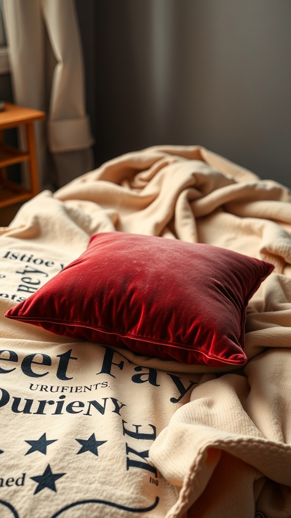 A red velvet pillow resting on a soft beige blanket