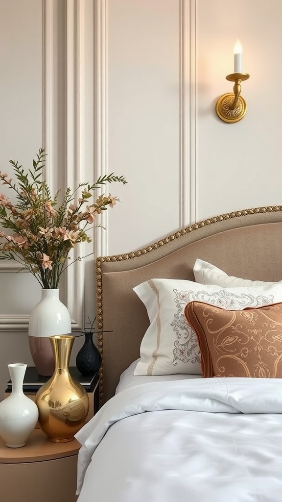 Elegant bedroom scene with decorative vases, flowers, and stylish pillow.