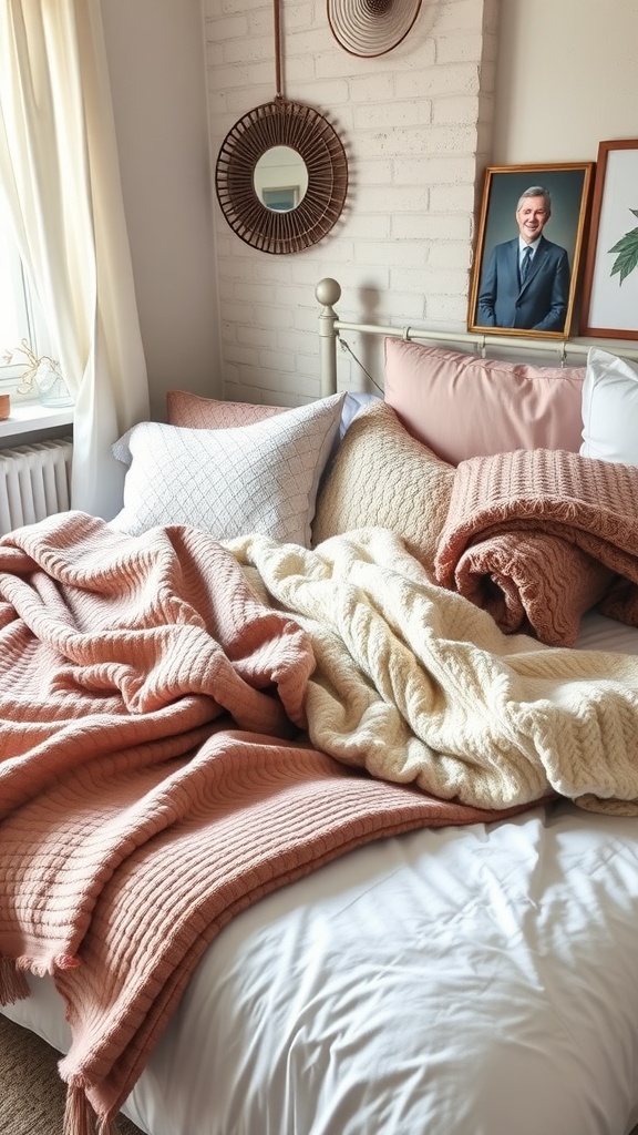 A cozy bed with various textured and colored blankets, including pink and cream, alongside pillows, creating a warm and inviting atmosphere.