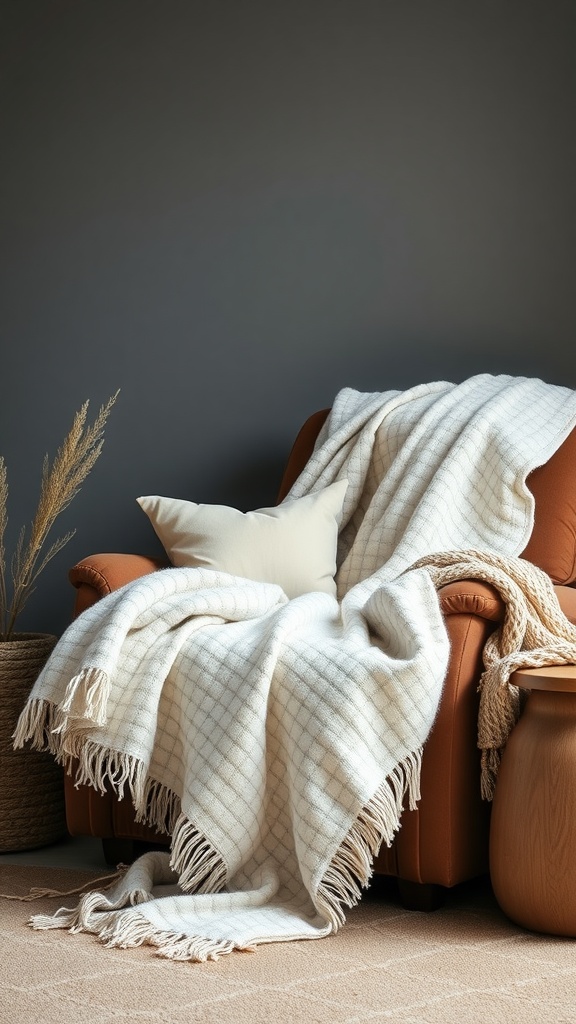 A cozy weighted blanket draped over an armchair in a relaxing setting