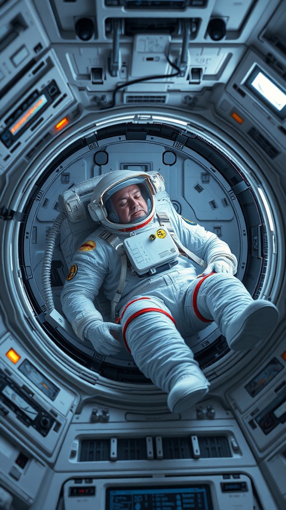 An astronaut sleeping in a space capsule, surrounded by control panels and machinery.