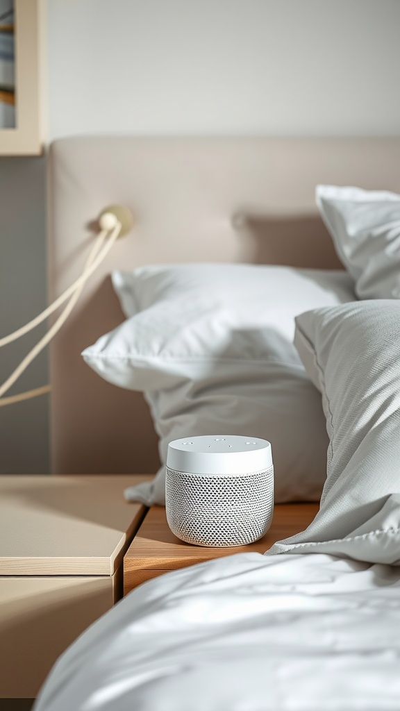 A white noise machine on a bedside table next to pillows and a bed.