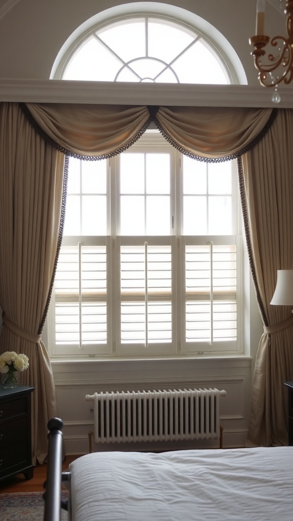 Elegant window treatments with drapes and shutters in a cozy bedroom.